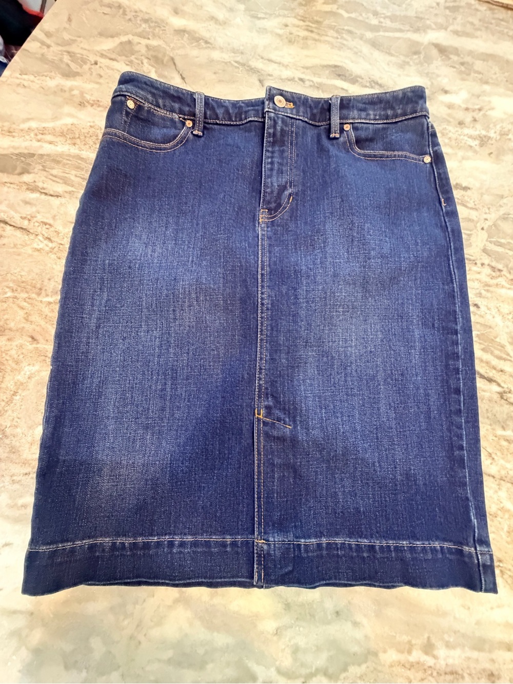 Talbots Petite Dark Wash Denim Pencil Skirt 32” Waist Classic Stretch Jean Skirt